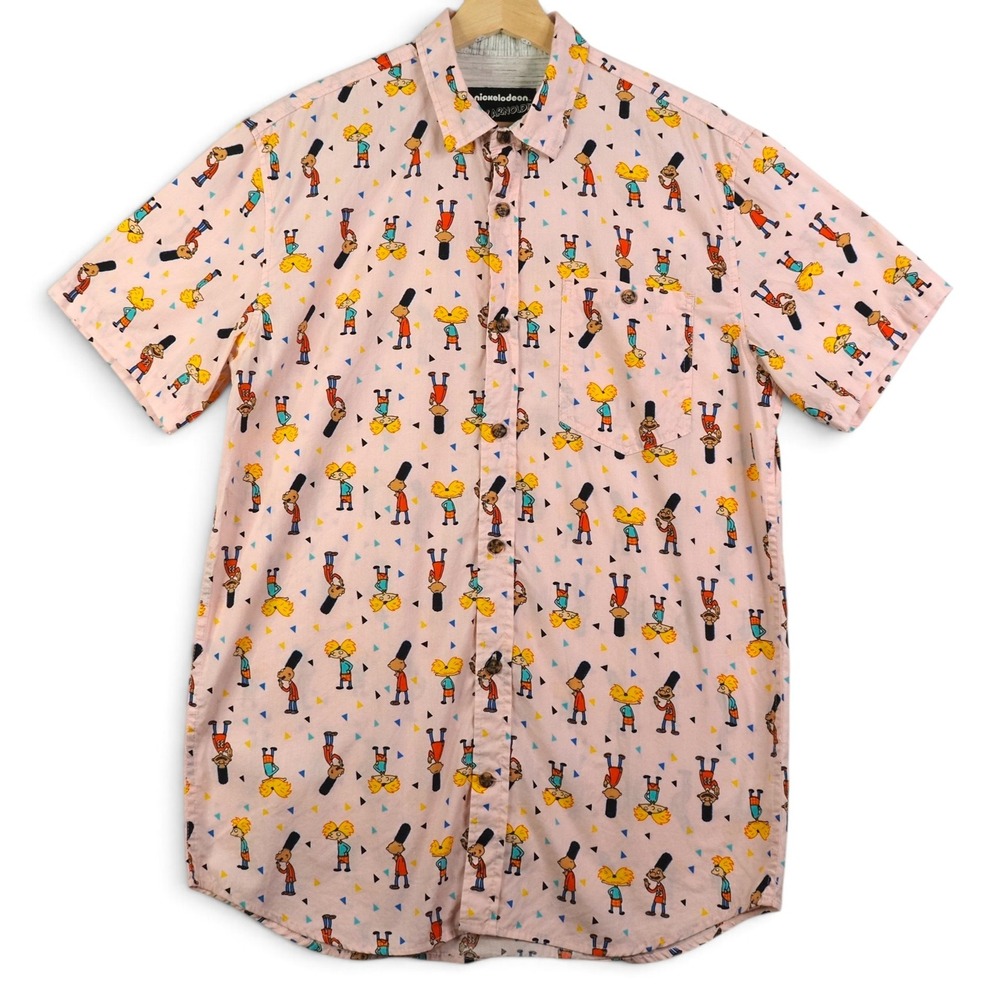 Nickelodeon Hey Arnold Mens Shirt M Pink Arnold Gerald AOP Button Up Retro 2017